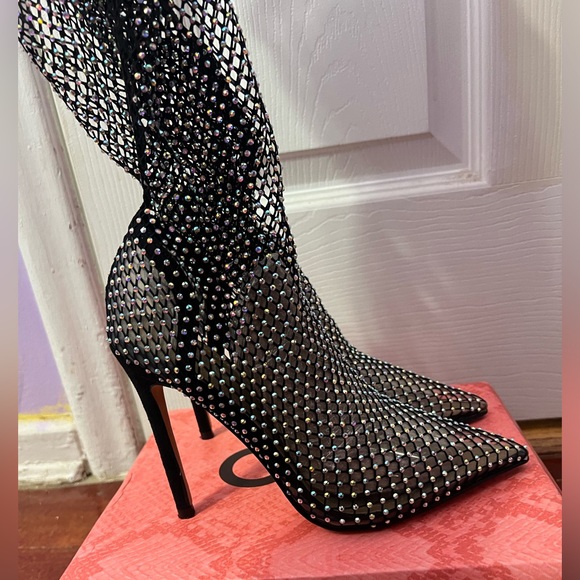 Ego Official Multi Colour Diamanté Fishnet Over The Knee Thigh High Black Boots - Picture 4 of 10